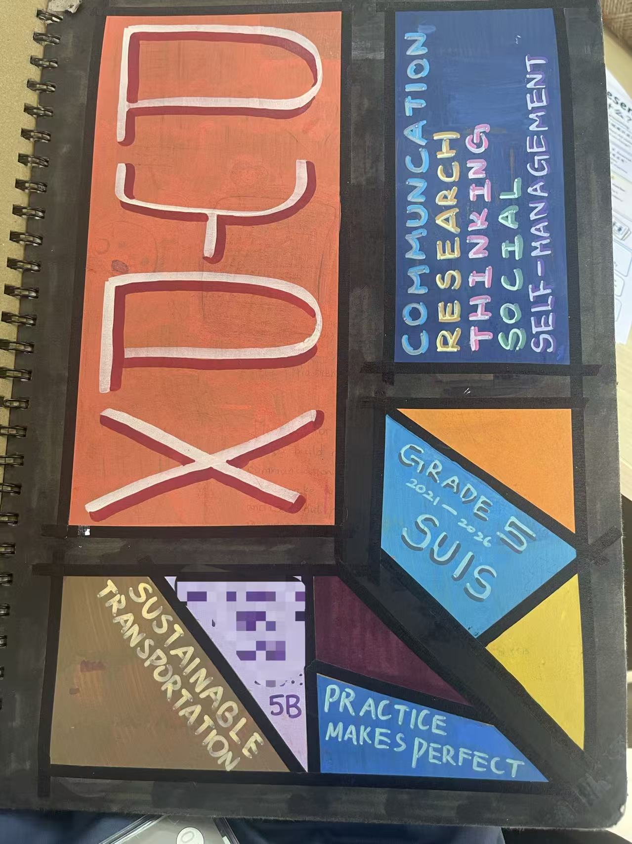 A finished X Journal cover, painted with the five approaches to learning the kids leaned on all term: communication, research, thinking, social, and self-management.
