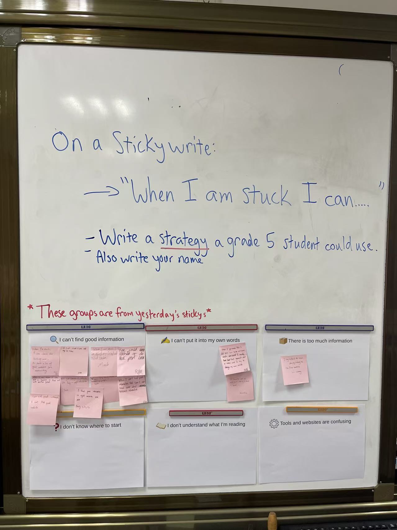 The sorting activity that became the Research Unstuck Wall. Kids wrote what stops them on a sticky, then sorted the stickies into six kinds of stuck, from not knowing where to start to tools and websites being confusing.