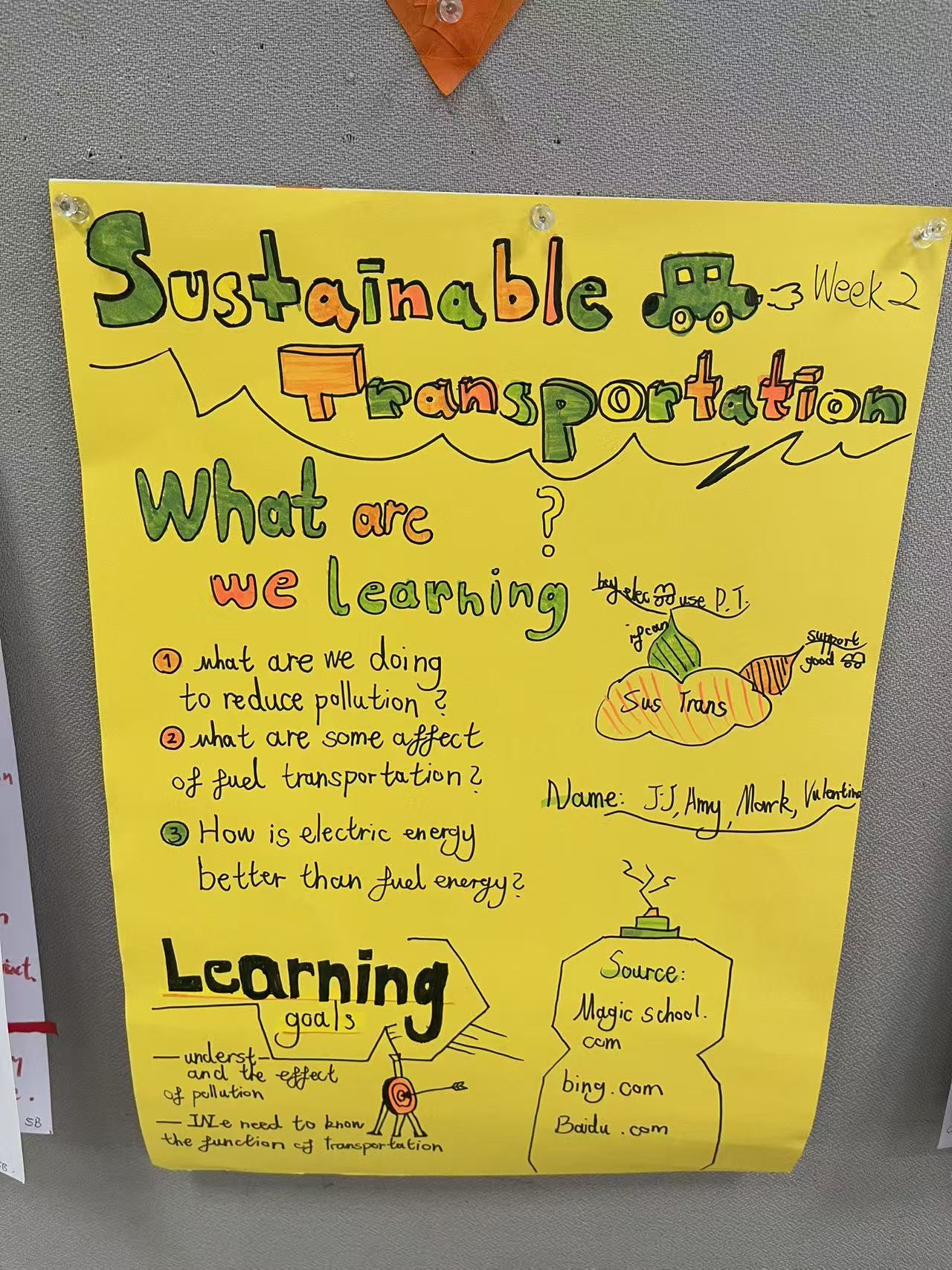 The sustainable transport group's Week 2 poster, written as questions. What reduces pollution, what fuel transport does to the air, and whether electric energy really beats fuel.