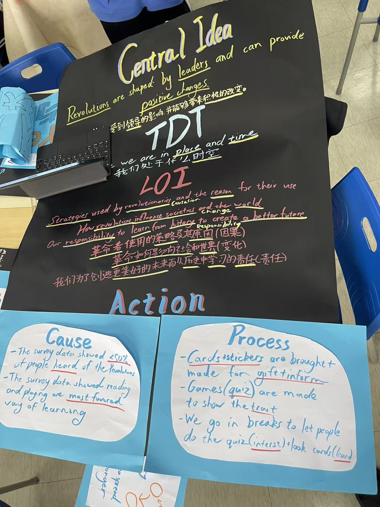 A group's finished overview poster: central idea, TDT connection, lines of inquiry, and the action.