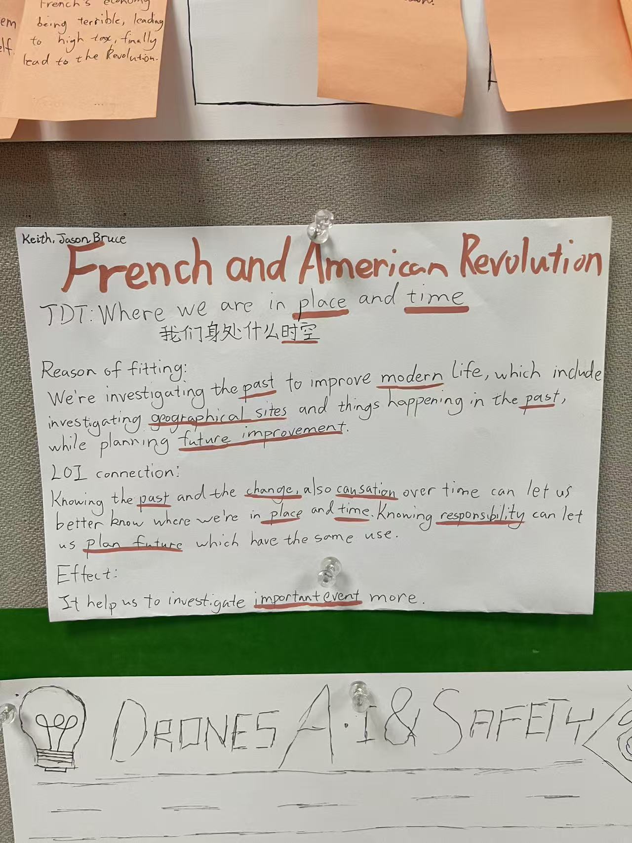The revolutions group's “Our Bigger Connection” card. They tied the French and American revolutions to the theme Where We Are in Place and Time, and wrote out why it fits.