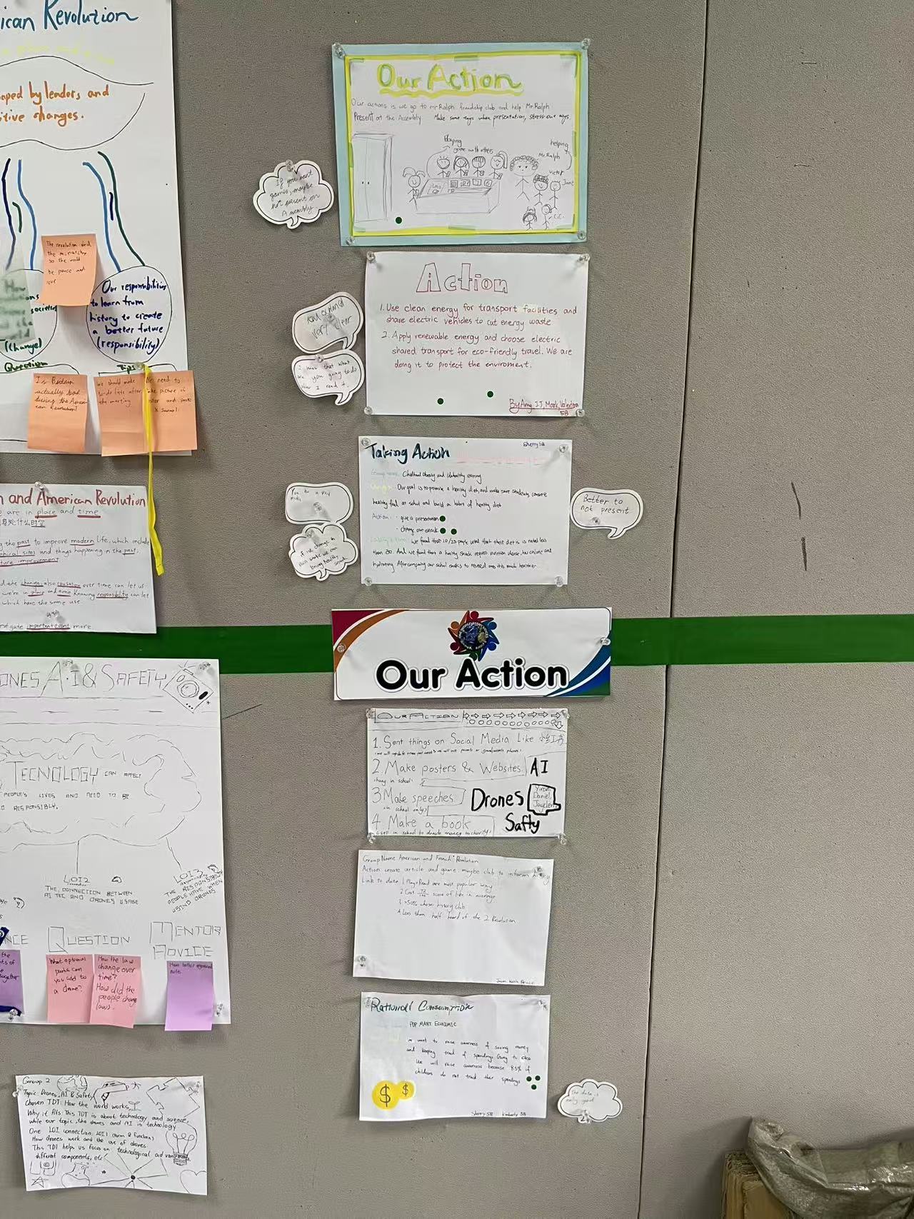 Action posters going up, with classmates' feedback stuck around them as speech bubbles. Each group's plan, and what the room thought of it.