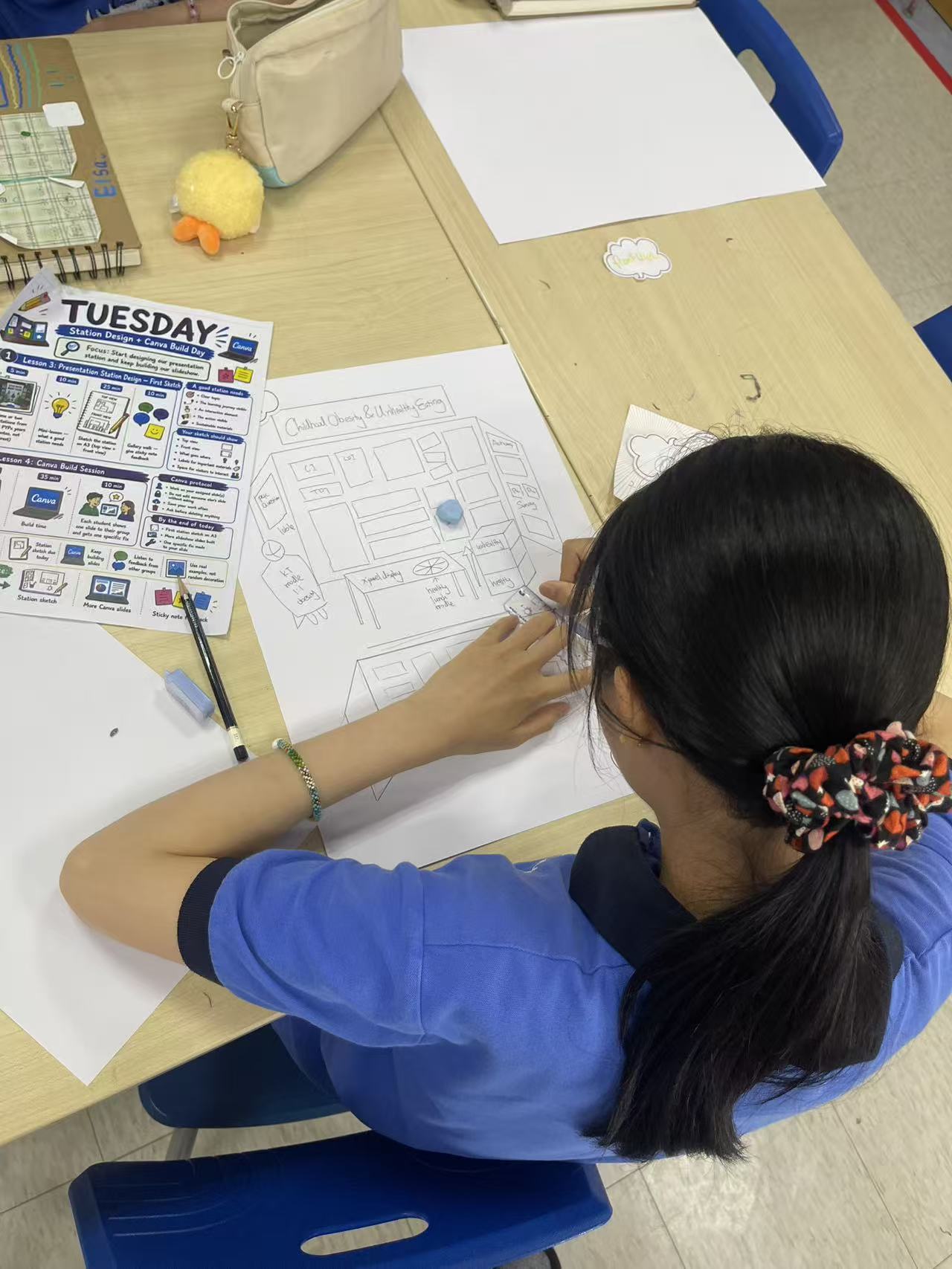 A student sketching a station design.