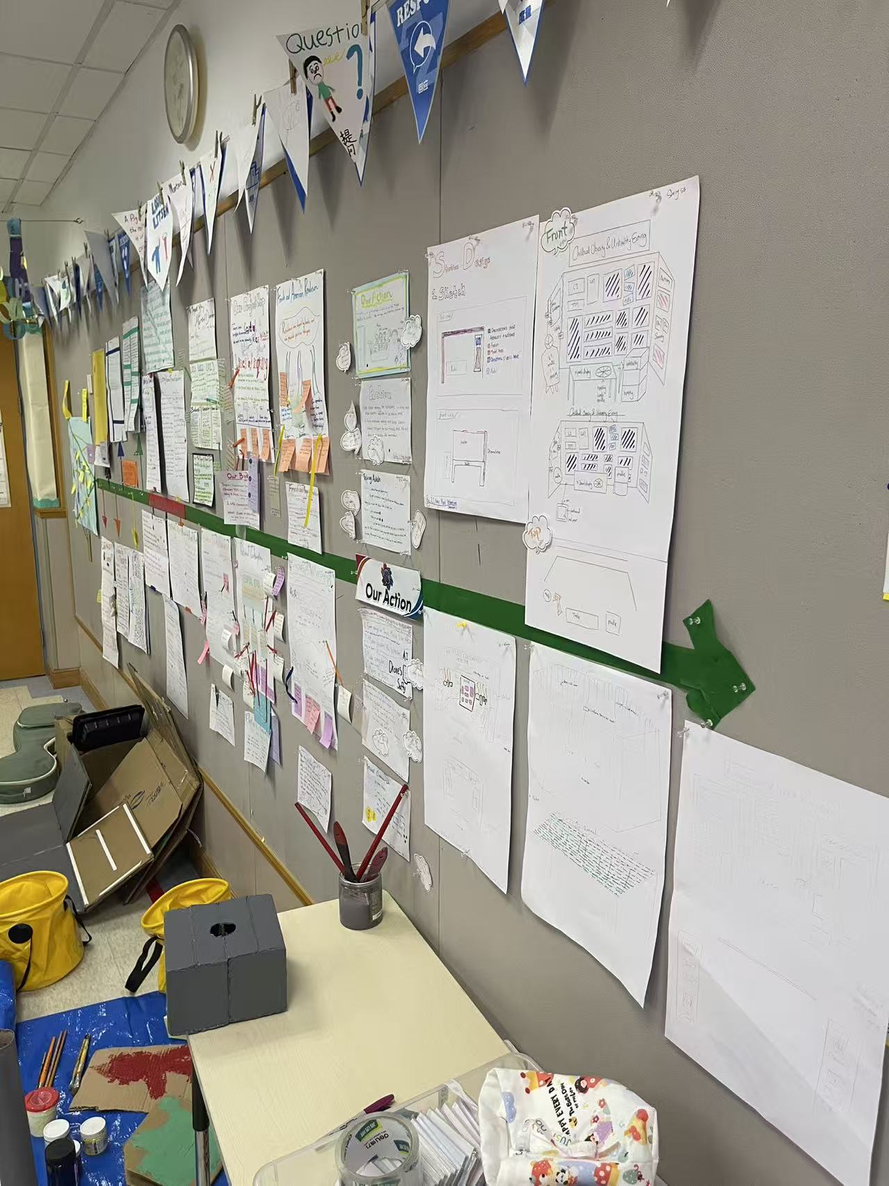 The wall by build week, with station materials below it.