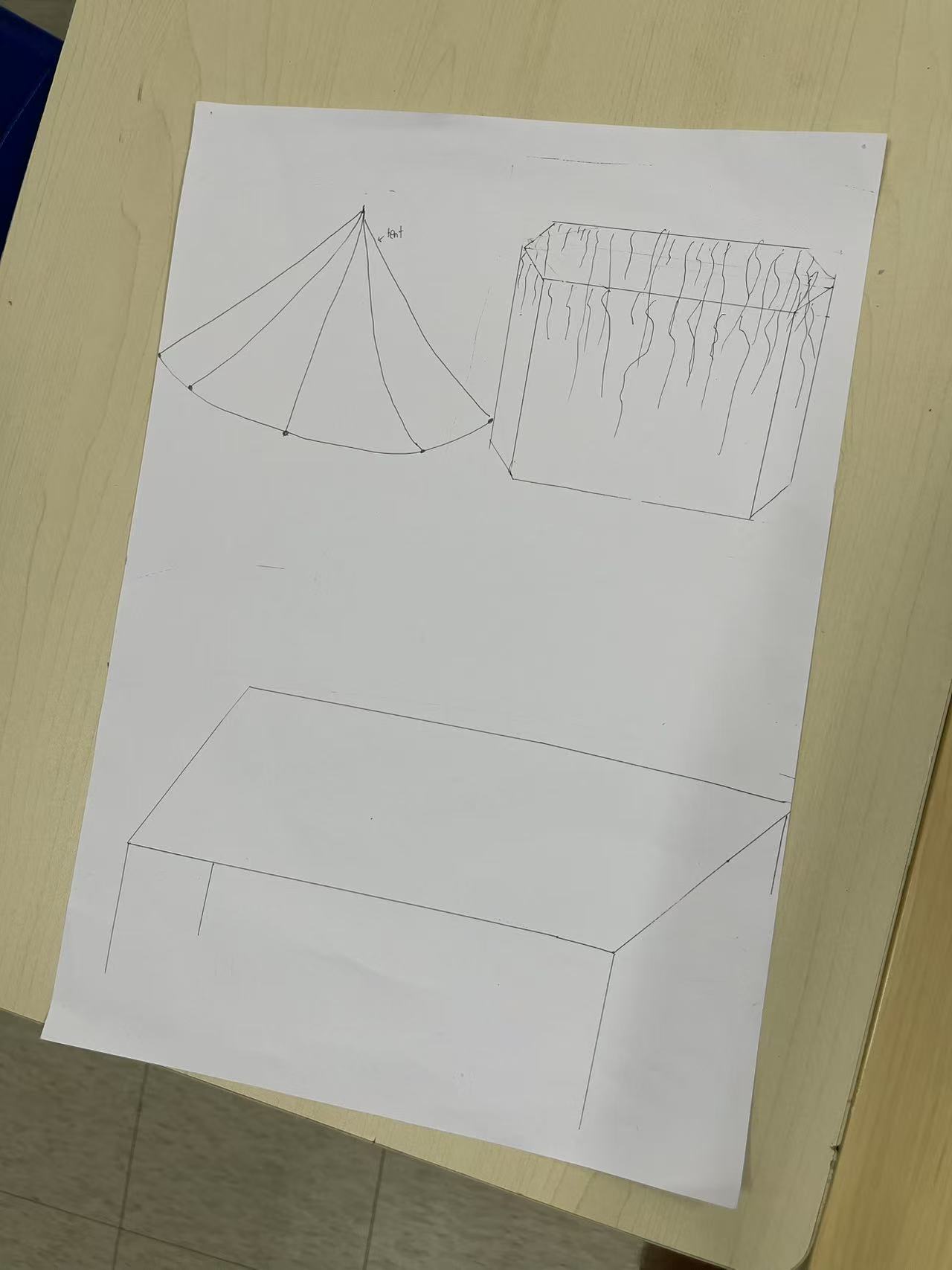 Early station design ideas, sketched in 3D before anyone cut cardboard: a tent, a draped table, an open box stand.