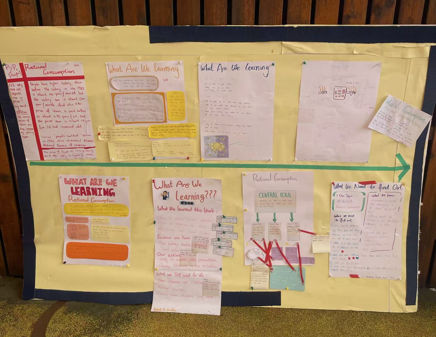 The Rational Consumption group's board: their weekly wall posters re-hung as a timeline of the whole inquiry.