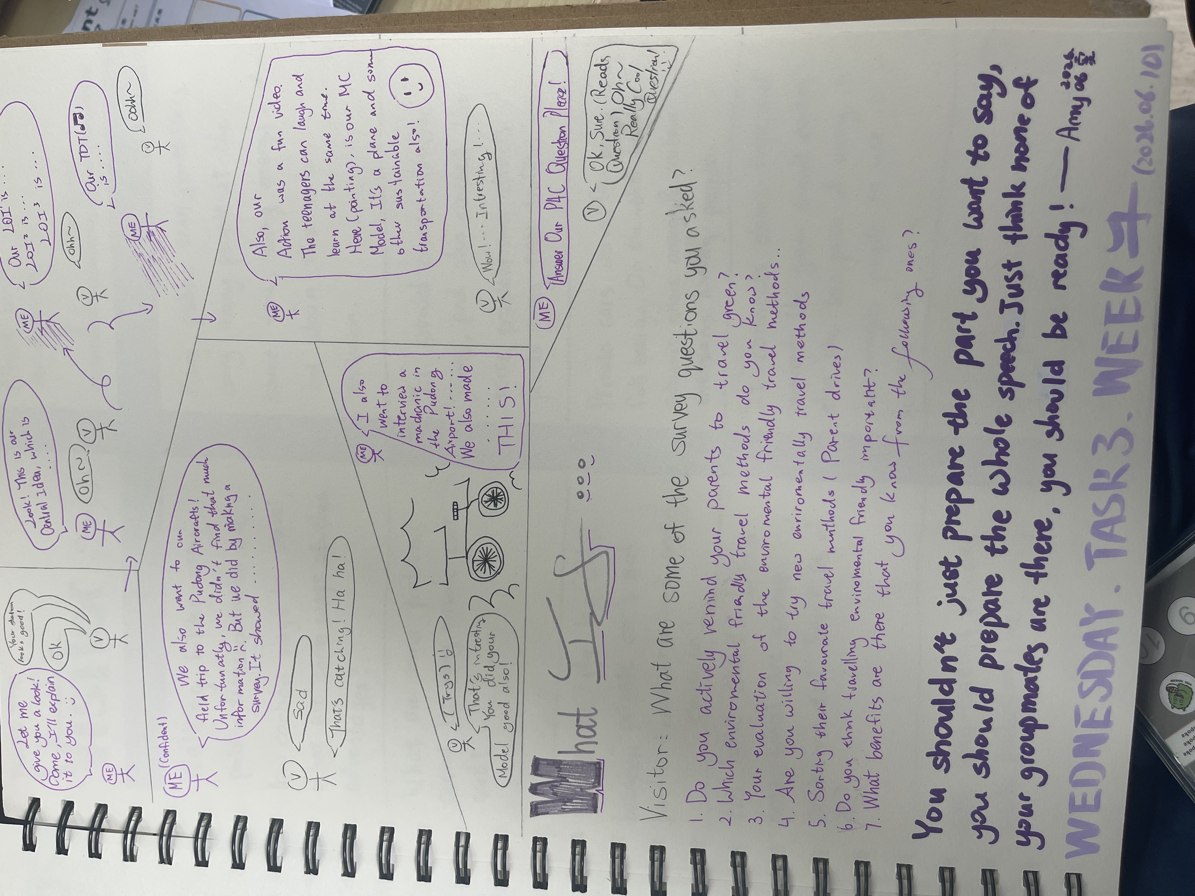 Week 7 presentation planning in the X Journal. A student drafts her opening, the group's central idea and lines of inquiry, and a sketch of the poster visitors meet first.