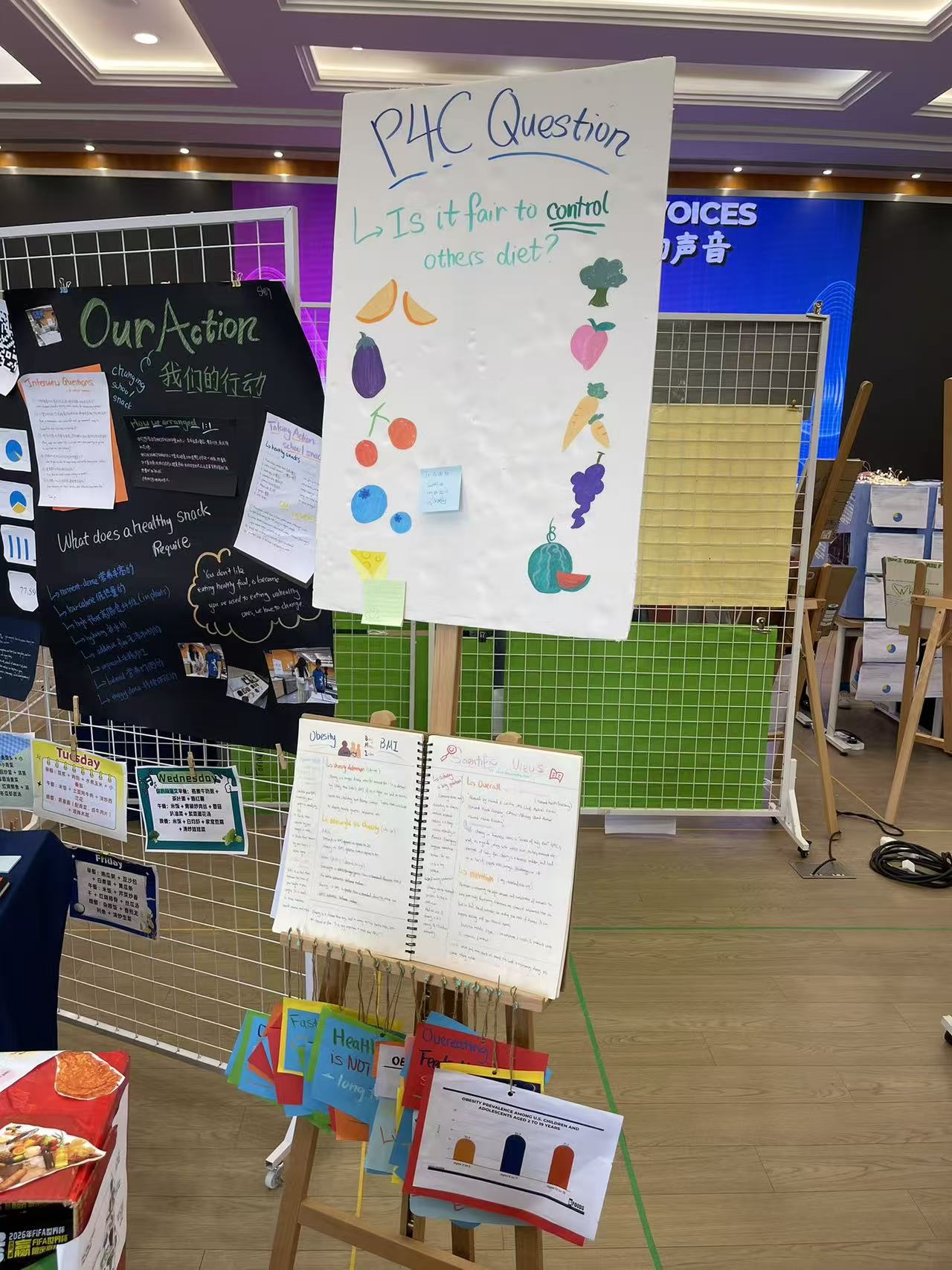 An easel of X Journal pages and a P4C question, with visitor answers on sticky notes. The station borrowed the wall's own sticky-note system.