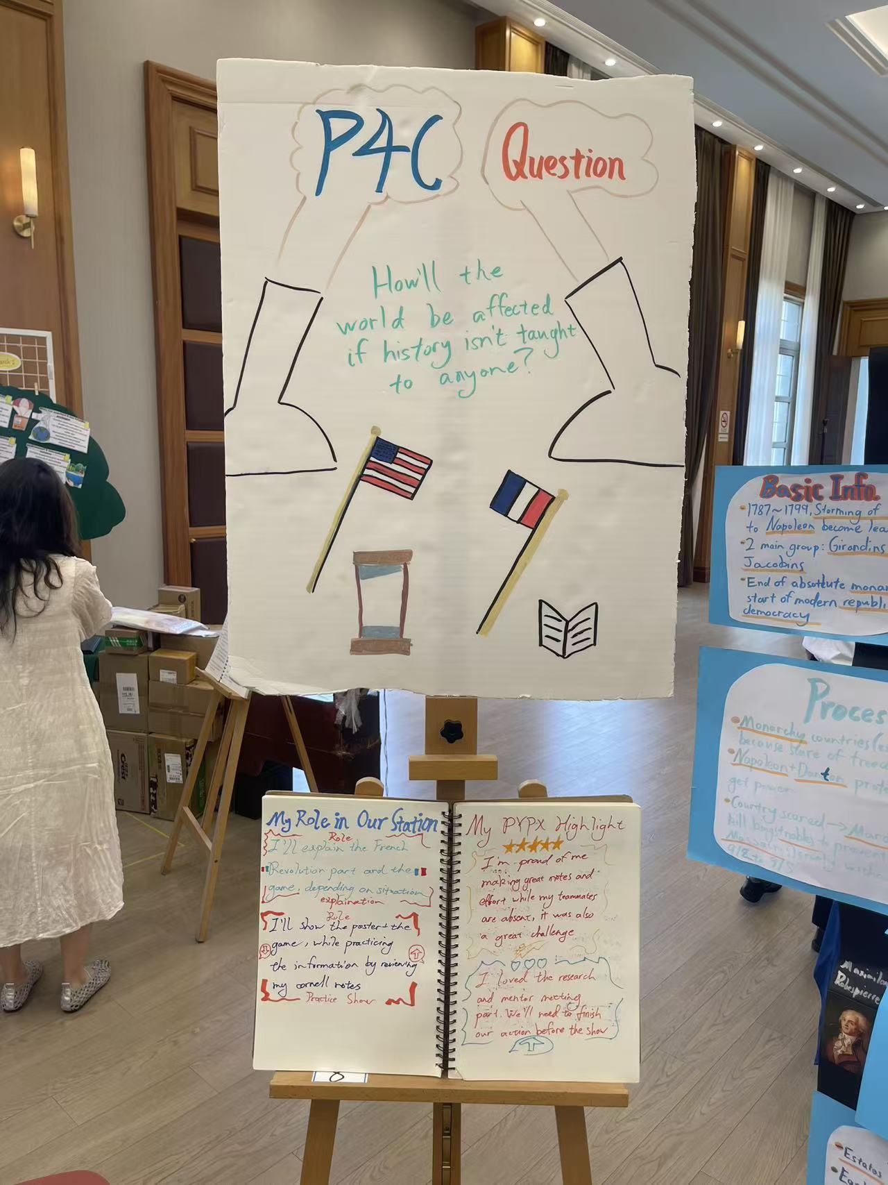 Highlighted X Journal pages next to the revolutions group's P4C board.