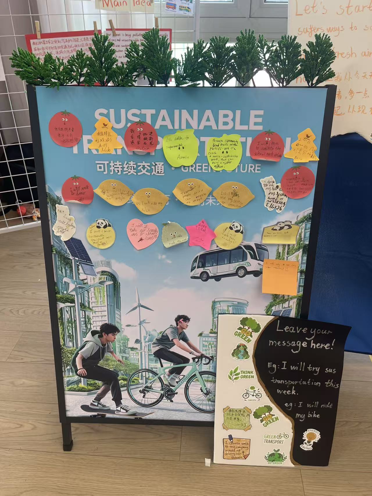 The sustainable transport group asked every visitor to write one daily action on a sticky note. The action, handed to the visitor.