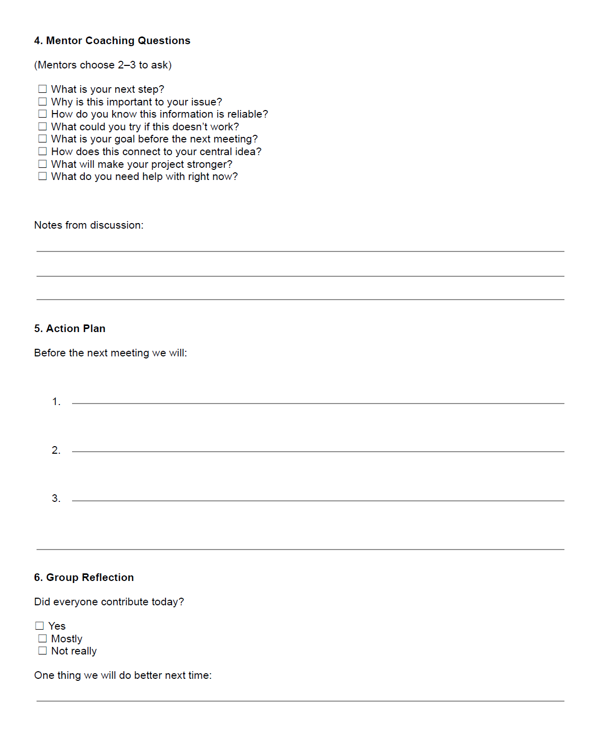 Mentor meeting record sheet, back page, with coaching questions and an action plan
